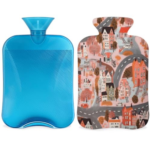Hot Water Bottle with Soft Cover,2L Graffiti City Hot Water Bag for Hot and Cold Compress, Hand Feet Warmer, Fantastic City Rubber Hot or Cold Water Bottle Halloween Christmas Decorations
