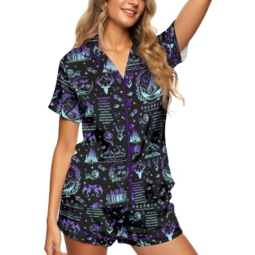 Image of HUNTFAMI Women Silky 2 Pcs Satin Pajama Set Long Sleeve Button Down | Satin pajama set; Short-sleeves in a coordinated 2-piece; funny printed; colourful style