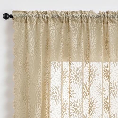 Image of MIULEE Vintage Floral Scalloped Lace Curtains 2 Panels, Beige 52 inch W x 36 inch L | Victorian Decorative Design, Semi Sheer Curtains, Pretty Cafe Short Tier Panels, Lace Small Drapes for Kitchen