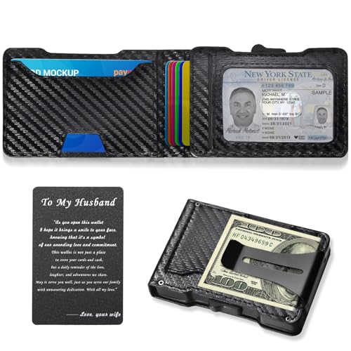 Slim Wallet for Men with Carbon Fiber Leather RFID Blocking - Minimalist Pop Up Metal Money Clip Card Holder for Credit & Cash (To my Husband)2