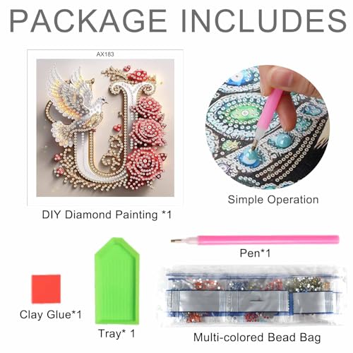 Image of AiYuanzsh 5D Diamond Art Kits for Adults Letter U, Unique Red Rose & Dove Alphabet Diamond Painting Kit, Luxury Special Shape Diamond Art for Adults DIY Crystal Rhinestones Craft Wall Decor 17x17cm