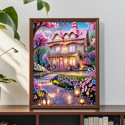 Image of AiYuanzsh 5D Diamond Painting Kits for Adults, European Cottage Diamond Art Kits for Adults Beginners, Cherry Blossoms Landscape DIY Full Drill Diamond Dot Gem Painting for Home Wall Decor 12x16 inch