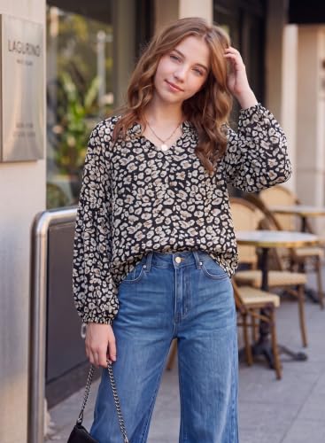 Image of blibean Girls Flower Bell Long Sleeve Blouse Fall Floral Shirts 4-15 Years