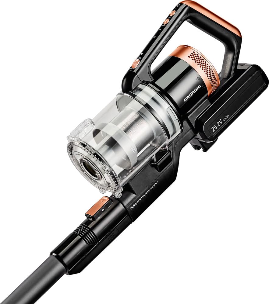 GRUNDIG VCP 4130 2-in-1-Akku-Stielstaubsauger, 2 Saugkraftstufen, 110 Watt Motor, 21, 6 Volt Li-Ion Akku, 550 ml Staubaufnahmevolumen, bis zu 45 Minuten Betriebszeit, 80 Dezibel, Weiß / Schwarz
