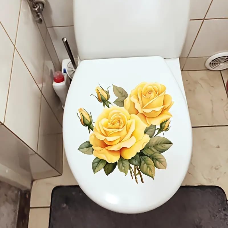 Yellow Rose Flower Butterfly Toilet Cover Sticker Decals,Spring Flower Leaf Butterfly Waterproof Toilet Lid Tank Seat Decals Cistern Self-Adhesive Bathroom Wall Sticker