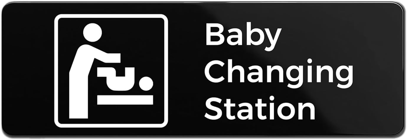 Baby Changing Station Sign, Durable ABS Plastic with Full Adhesive Backing, Sign for Restroom Door or Wall, 3×9″