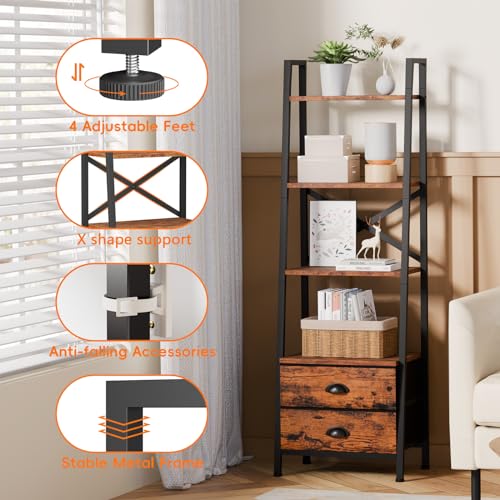 Image of Furologee 4-Tier Ladder Shelf,Small Bookshelf with 2 Drawers,Vertical Bookcase Storage Rack Organizer,Rustic Bookshelves for Living Room,Bedroom,Bathroom,Home Office,Kitchen,Rustic Brown