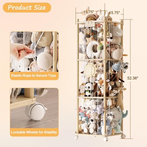 Image of EXPERLAM Stuffed Animal Storage Zoo with Wheels, Montessori-Inspired Solid Pine Wood Plush Toy Organizer, Tall Stuffed Animal Holder with Thick Elastic Cords for Kids Room, Nursery,and Bedroom,Large