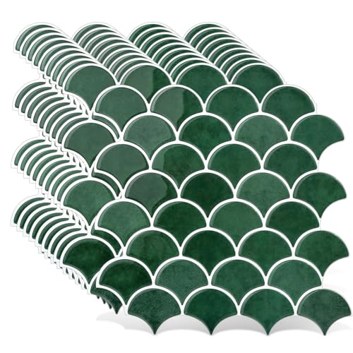 Peel and Stick Tile for Kitchen Backsplash, Grand Fish Scale Fan Shape Stick on Tiles, Self Adhesive Backsplash Tiles (Green).