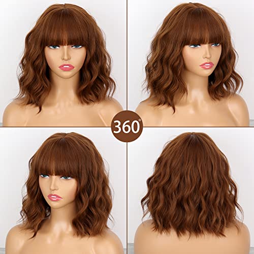 Missqueen Short Wavy Bob Wigs For Women,Short Brown Auburn Bob Wig With Bangs,Pastel Curly Wavy Synthetic Cosplay Heat Resistant Wigs #TOP4