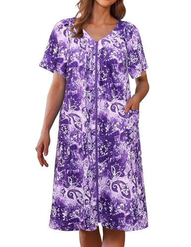 Image of Ekouaer Women Robe Zipper Front Mumu Duster Robes Zip Up Housecoat Soft Sleepwear with Pockets
