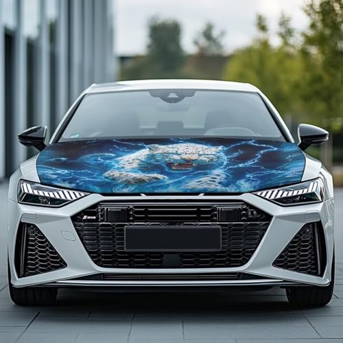 Image of Car Hood Cover Protector, A Washable Automotive Accessory with White Tiger Print Design for Car Front Hoods, Measuring 59x51 Inches