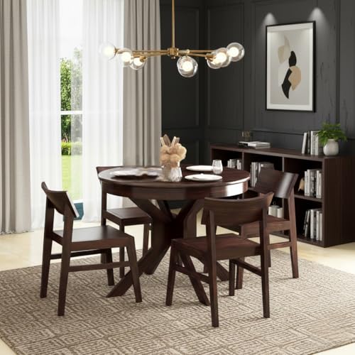 Image of AS Arts Sheesham Wood Round 4 Seater Dining Table Set with Chairs for Home & Dining Room | Solid Wood | Dark Walnut Finish