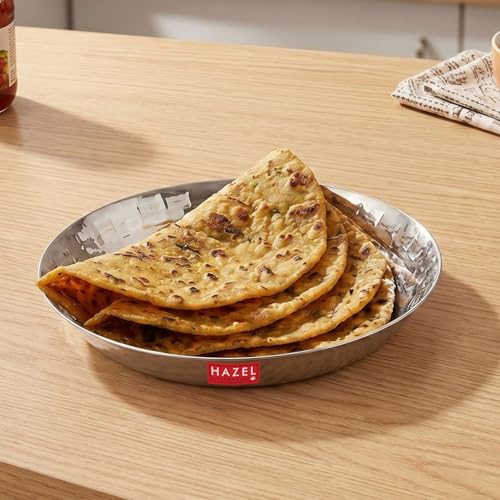 Image of HAZEL Stainless Steel Snack Plate 18.5 cm Hammered Design, 650ml | Kopri Plate Nashta Serving Plate Breakfast Steel Dish