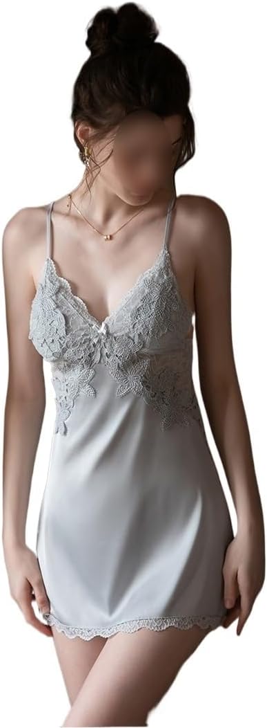 Women's Satin Pajamas with Chest Pad Lace Sexy Backless Sleep Lounge Nightgown Spaghetti Strap Sleepshirts