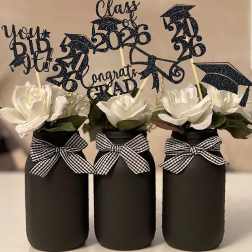 Image of Graduation Centerpiece Sticks 24PCS Glitter Grad Picks Party Table Decor Senior High School College Sign Black