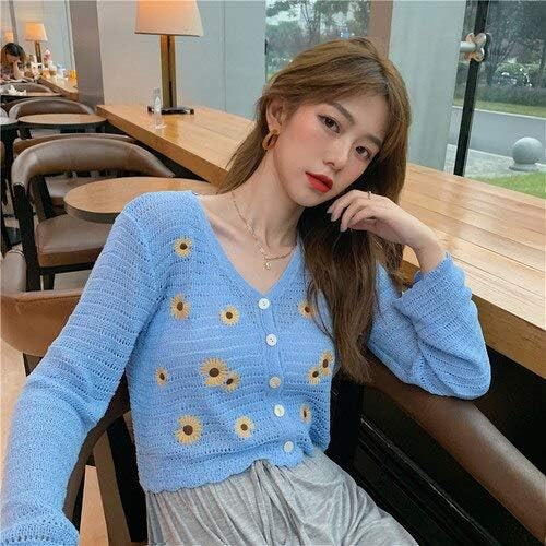 Amazon 女性のための花の刺繍と韓国のヴィンテージのセーター 女性のためのスリムなカーディガンを持つコロバフ セーター長袖 Color 青 Tamano Talla Unica カーディガン ボレロ 通販