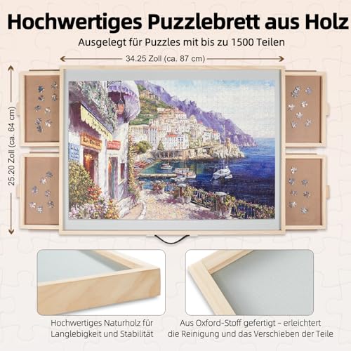 1500 Teile 2-in-1 Neigbares & Drehbares Puzzle-Brett für Erwachsene, Holz-Puzzleschreibtisch mit 4 Schubladen 64 x 87 cm, Tragbares Brett mit Lazy Susan und Abdeckung