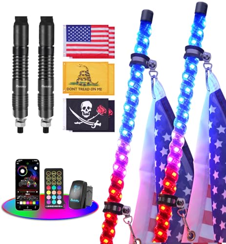 Tavaray 2PCS 5FT Whip Lights with Spring Base, Tripled Brighter Led Whip Lights W/Rocker Switch & 6 Flags, 360° Spiral Chasing Lighted Antenna Whip with App & Remote Control for UTV/ATV/RZR/SXS/Can-Am
