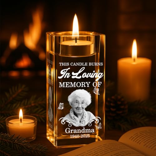 Personalized Memorial Crystal Candle Holder with Photo - Custom Name Laser Engraved Holder Candlestick - Bereavement Remembrance Gifts, Sympathy Gift for Loss of Loved Ones.