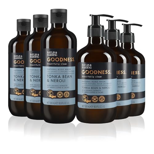 Image of Baylis & Harding Goodness Tonka Bean & Neroli Bundle: 3 x 500 ml Hand Wash & 3 x 500 ml Body Wash (6 Bottles) - Vegan Friendly