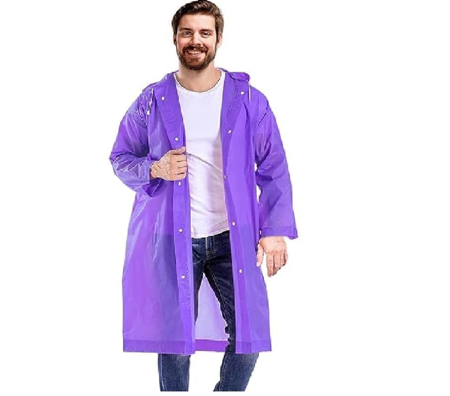 VKG Mens EVA Plain Transparent Rain Coat Hooded Outdoor Water Resistant Portable Raincoat (White)-picture-15