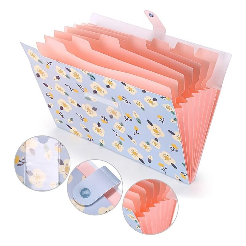 Cartella espandibile, Cartella Portadocumenti a Fisarmonica Floreale Blu, 8 Tasche, Formato A4, Portatile