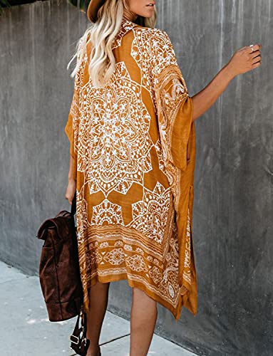 MayBuy Women\'s Floral Kimonos Boho Summer Cardigans Swimsuit Cover Ups for Beach Vacation Yellow - Thumbnail 3