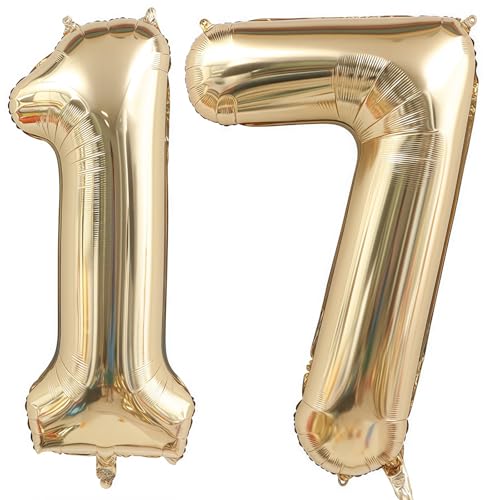 Image of Champagne Gold 17 Balloon Number,40 Inch Light Gold 17 Balloons Big Foil Mylar Helium Number 17 Balloon for Birthday Party Anniversary Decorations
