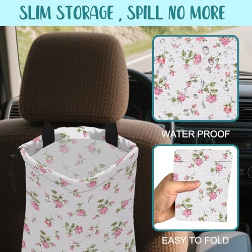 Image of Car Garbage Bag Small Pink Rose Floral Drawstring Car Trash Bag Hanging for Back Seat with Adjustable Buckle Canvas Vehicle Trash Can Easy-to-Install