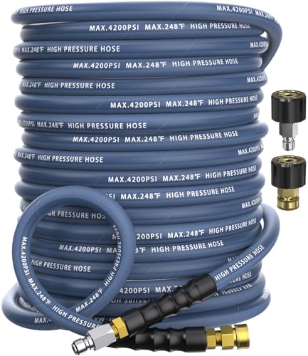 NAVOHEVEN Pressure Washer Hose 100 ft 4200 PSI Steel-Braided & Durable - Flexible & Kink-Resistant Power Washer Hose with 3/8 Swivel Quick Connect & M22 14mm Adapter Hot/Cold Water Compatible-Navy