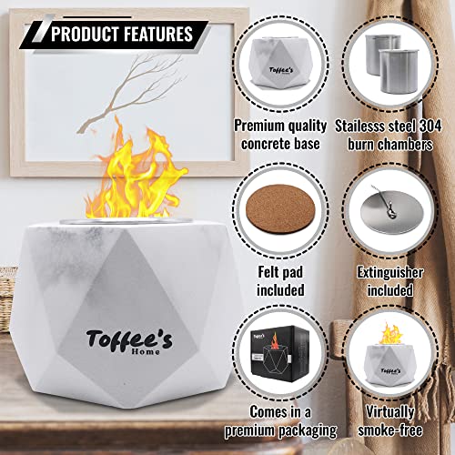 Toffee’s Home Concrete Tabletop Fire Pit Bowl, 2 Hour Burn Time, Portable Tabletop Fire Pit Outdoor & Indoor, Table Fire Pit Bowl, Mini Fire Pit With 2 Stainless Steel Burner Cups, Extinguisher & Mat #TOP2