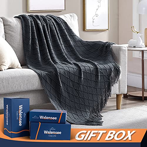 Walensee Throw Blanket For Couch, 50 X 60 Dark Grey, Acrylic Knit Woven Summer Blanket, Lightweight Decorative Soft Nap Throw With Tassel For Chair Bed Sofa Travel Picnic, Suitable For All Seasons #TOP1