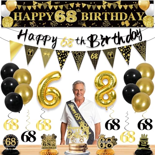 Image of 68th Birthday Decorations for Men, Black Gold 68th Party Decoration Kits | 27pcs Happy 68th Birthday Set, Banner, Honeycomb, Balloons, Gold Number, Candle, Hanging Swirls, Cake Topper, Party Supplies