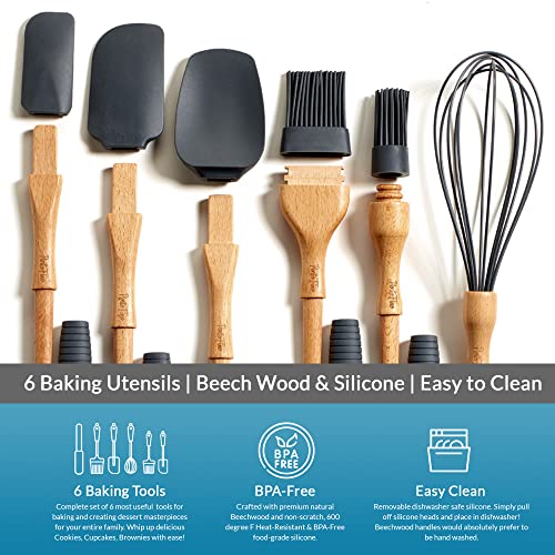 Portofino Kitchen Utensils Set - Baking Utensils - 6 Pcs Silicone Cooking Utensils Set - Wooden Kitchen Utensil Set With 3 Silicone Spatula Set 2 Pastry Brush 1 Whisk - Silicone Kitchen Utensils Set #TOP1