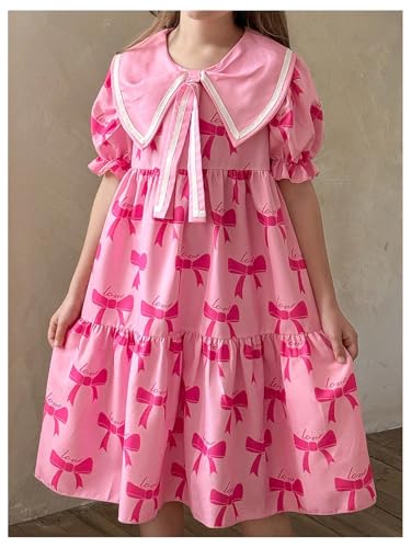 MakeMeChic Girl's Bow Knot Puff Sleeve A Line Dress Ruffle Tiered Collared Summer Midi Dresses4