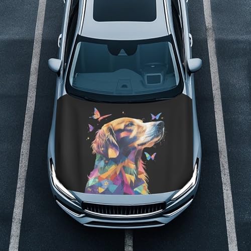 Image of Colorblock Dog Car Hood Cover, Color Golden Retriever Butterfly Washable Elastic Stretchable Polyester Protector for Car Hood, Easy Installation Automotive Accessories