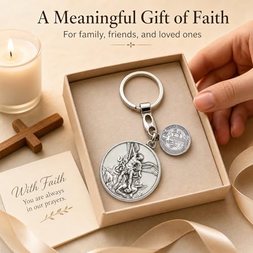 Image of St Michael Medals With St Benedict Keychain,Saint Michael With Saint Benedict Medal for Car,Catholic Religious Keychain,Medalla San Miguel Arcangel Adornos Llaveros Para Carros De Mujer Hombre
