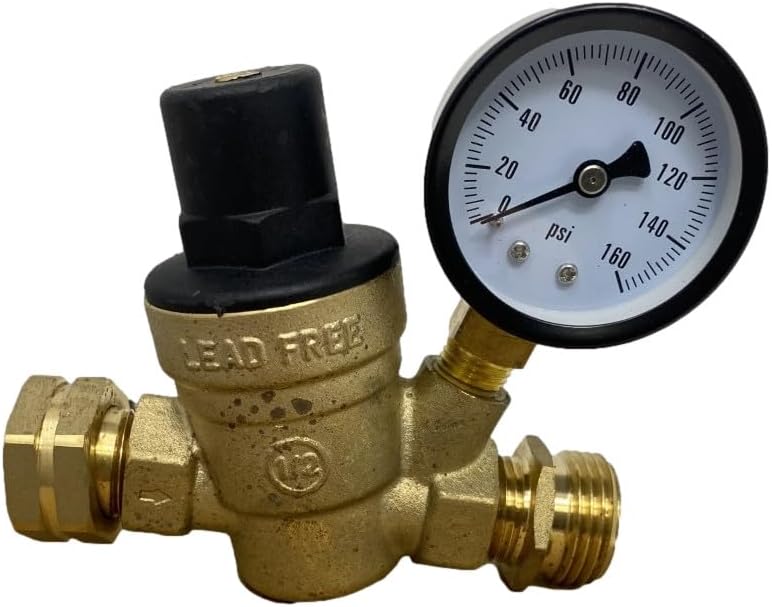 RV Water Pressure Regulator Valve, Brass Lead-Free, Adjustable with Gauge, 3/4 Inch Garden Hose Thread, for Camper, Travel Trailer