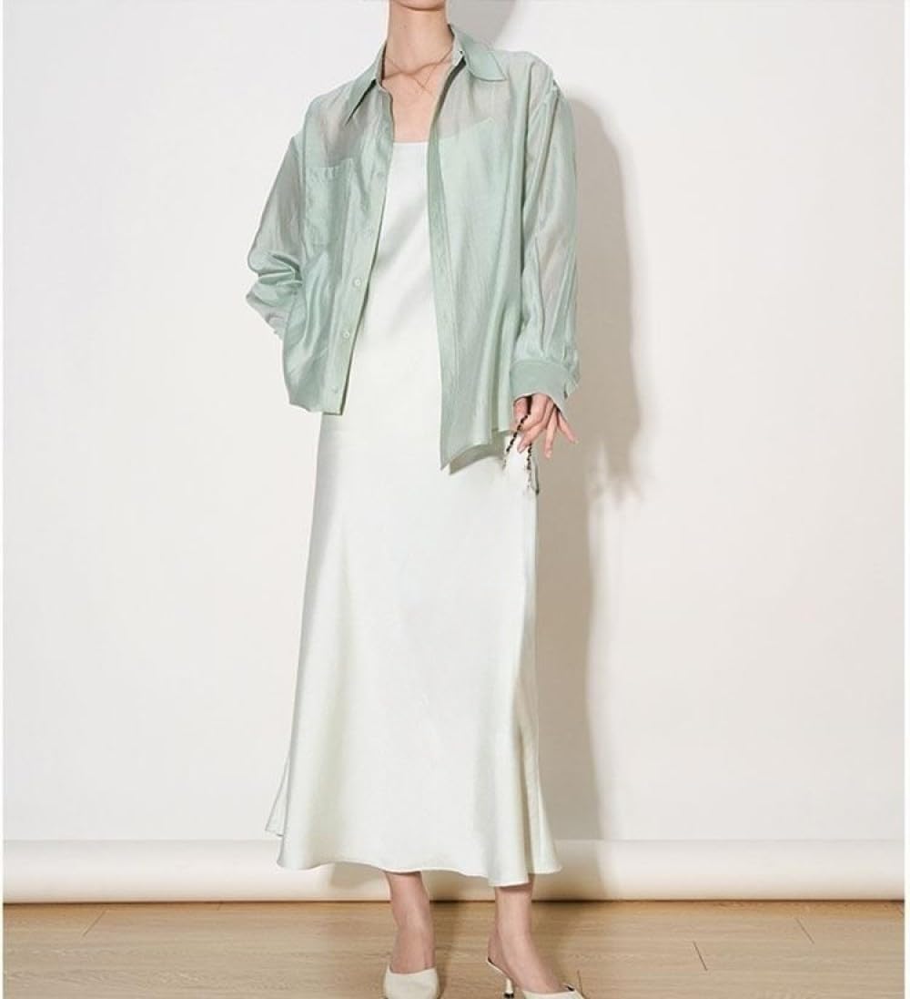 Bluse Damen Elegant,Damenbluse, Langärmlige Hemden, Hellgrün, Leichtes Hemd Mit Reversknöpfen, Durchsichtig, Überzug Mit Tasche, Elegante Strickjacke, Kimono-Arbeitshemd, Leichte Dünne Jacke