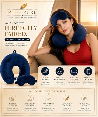 Image of Premium Travel Neck Pillow with Eye Mask for Men & Women, Soft Comfortable Head Rest Neck Support Pillow for Airplane Flight Car Train Bus Travel, Sleeping Eye Mask Neck Pillow Combo