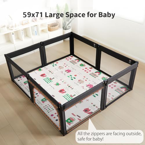 Image of Foldable Baby Playpen, Shape & Size Adjustable Playpen for Toddler, 59x71 Large Play Pens Safety Mesh Foldable Playard for Babies, Portable Baby Fence Play Area Kids Play Pen, Black