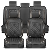MotorBox Prestige Faux Leather Seat Covers Full Set – Semi-Universal Fit for Cars, Trucks & SUVs – Napa Style 2 Front Seat Covers + Rear Bench – Durable Interior Protector, Easy Install