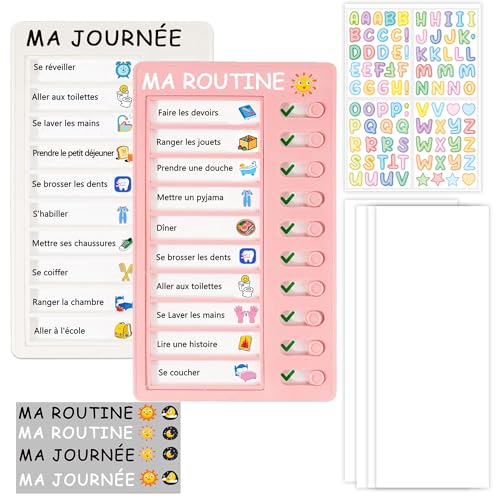 Tableau de Routine Quotidienne pour Enfants Planning de Tâches 2 Tableaux avec 10 Cartes Liste de Contrôle personnaliser DIY Tâches Ménagères Rappel Plan d'Études et Les lettres Sticker (Blanc+Rose)