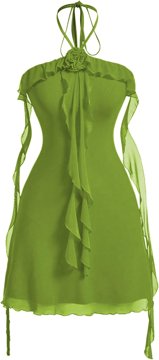 GORGLITTER Women's Flower Strapless Halter Bodycon Mini Dresses Elegant Classy Y2K Mesh Tassel Backless Summer Sundress