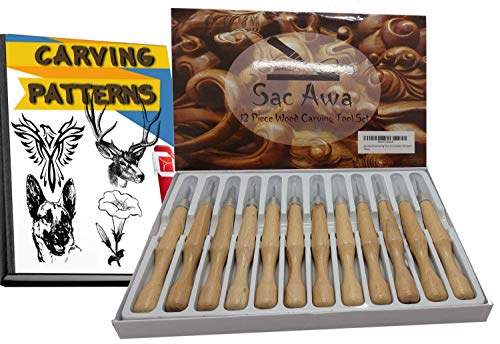 Sac Awa Wood Carving Tools Set. SK7 Carbon Steel Ergonomic 12 Piece Carving Tool Kit. Includes 1300+ Downloadable Carving Patterns.