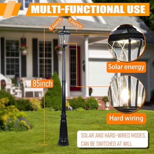 TIGKHAE Solar Post Pole Light with Remote LED and Hard Wired Powered Dual Use Outdoor Lamp Waterproof Landscape Pathway High Pole Light Pillar Lighting for Outside House Garden Patio Lawn,85In Black by TIGKHAE - Image 5