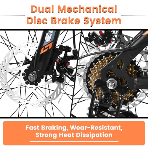 KIAPALNO 24 Inch Mountain Bike, 21 Speed Mountain Bicycle with High Carbon Steel Frame, Dual Disc Brakes and Front Suspension, MTB Bike for Boys Girls, Black-Orange