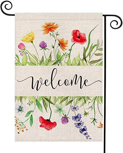 FIBEROMANCE Welcome Spring Garden Flag 12x18 inches Watercolor Floral Spring Flag Summer Flag Vertical Double Sided Yard Flag Porch Flag Outdoor Decoration Decorative Home Décor