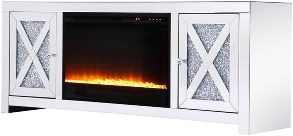 Elegant Decor Modern 2 Door 59" Clear Silver Mirrored Crystal Fireplace TV Stand